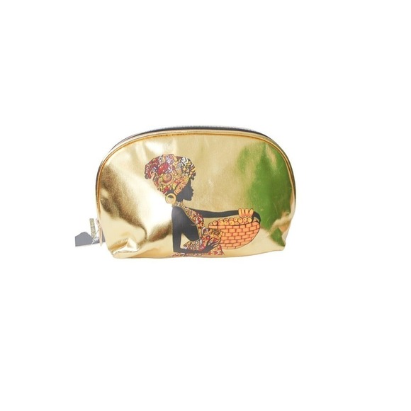 Cosmetic Makeup Zippered Toiletry Bag African Print Metallic Gold Zakiyah Beauty - Picture 1 of 12